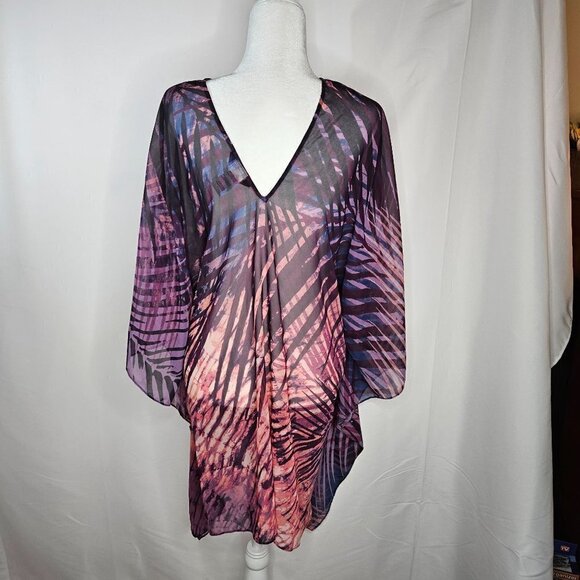 Carmen MARC VALVO Rain-Forest Printed Purple Pink Caftan Coverup Top Size M/L - Picture 4 of 8